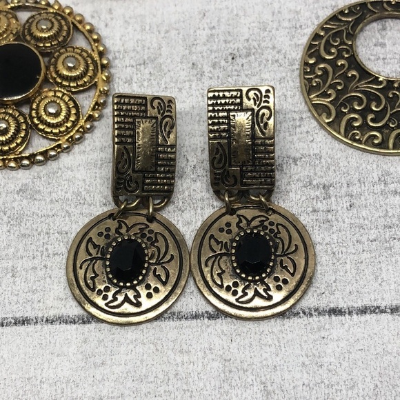 Curated bundle lot 3 antiqued brass boho dressy statement dangle drop earrings. - Picture 2 of 5